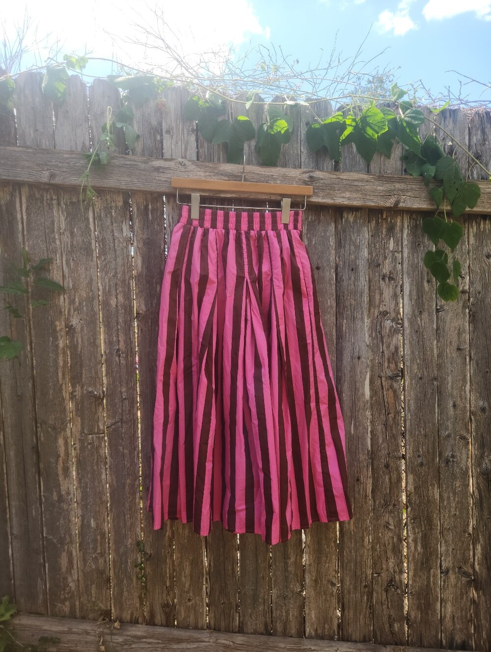 BURU Poppy & Brown Striped Flat Front Midi Skirt With Pockets
